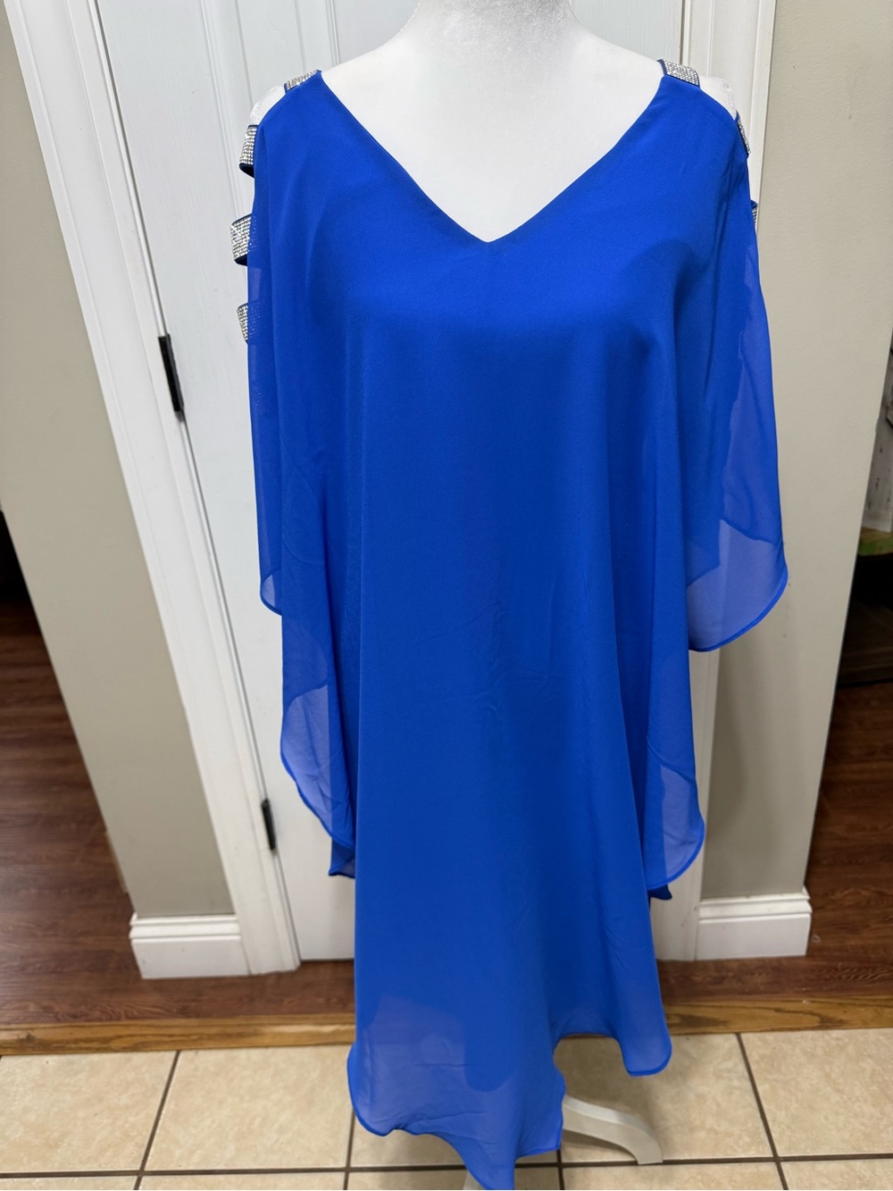 Frank Lyman Montreal Royal Blue Chiffon Rhinestone Cold Shoulder Dress Size 8